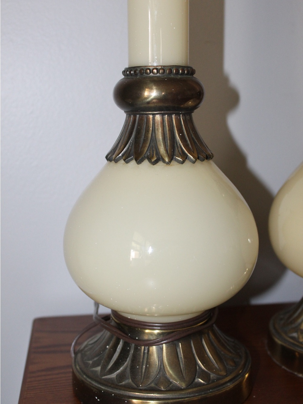 Pair of Cream Glass and Brass Column Table Lamps - Picture 3 of 7